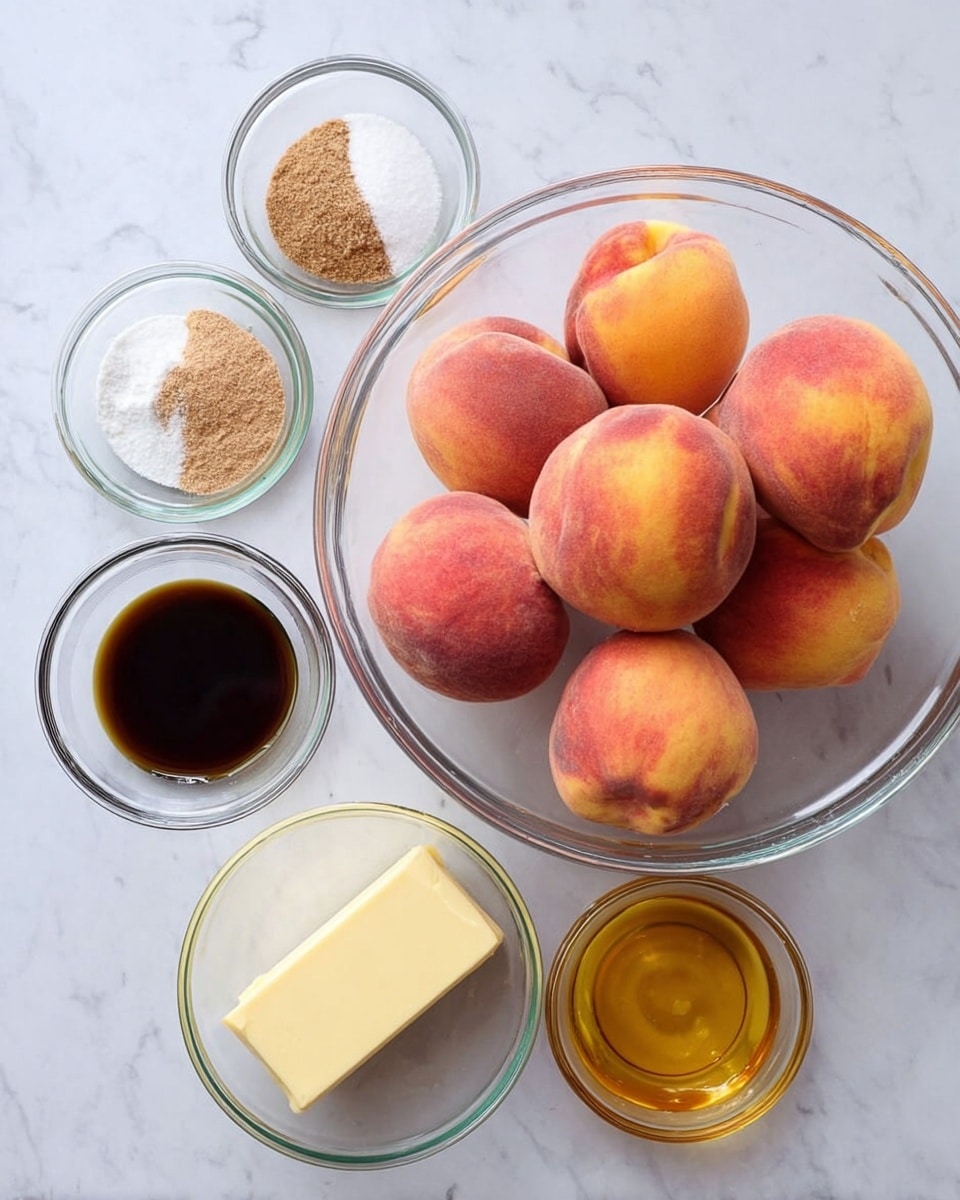 A large clear glass bowl filled with seven whole peaches, showing their soft fuzzy skin in shades of pink, orange, and yellow, sits on a white marbled surface. To the left are four smaller clear glass bowls arranged in a rough square: the top bowl contains a mix of brown and light beige powder with white granules, the bowl below it holds two thick rectangular pieces of pale yellow butter, the small bowl to the left of the butter contains dark brown liquid, and below that is a bowl with golden honey or syrup. The clear glass bowls have smooth, shiny textures and the white marbled surface provides a clean, bright background photo taken with an iphone --ar 4:5 --v 7
