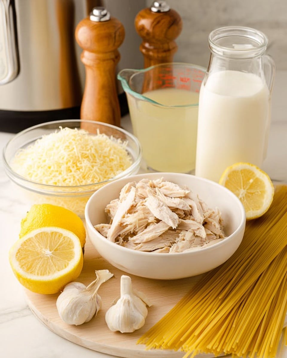 The image shows a white bowl filled with sliced cooked chicken placed in the center on a light wooden surface. To the right of the bowl, a neat bundle of uncooked spaghetti pasta lies flat. In front of the bowl, there are two lemon halves with bright yellow skin and pale yellow flesh, and two cloves of garlic beside them. Behind the bowl, to the left, there is a clear glass bowl filled with grated cheese, light yellow in color. Next to the cheese bowl is a clear glass bottle filled with milk. To the right of the milk bottle, a clear measuring cup with light yellow chicken broth is visible. In the background, two wooden pepper and salt grinders stand side by side on a white marbled surface. A stainless steel kitchen appliance is partially visible on the left side. The scene is bright and clean, with natural lighting that highlights the textures clearly. Photo taken with an iphone --ar 4:5 --v 7