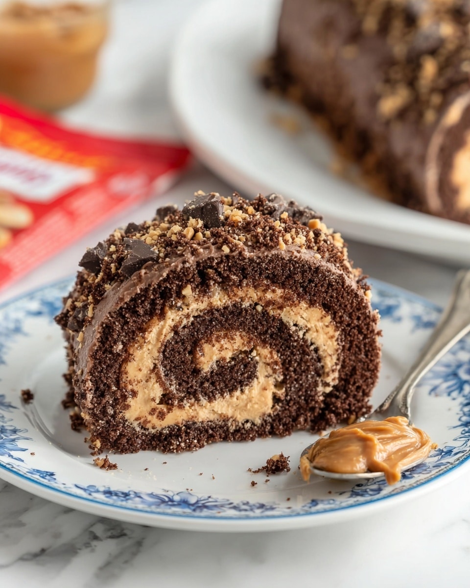 A slice of rolled cake sits on a white plate with a blue floral edge, placed on a white marbled surface. The cake has three visible layers: a dark brown outer chocolate layer with a crumbly texture covered in crushed nuts and chocolate pieces, a light brown creamy peanut butter swirl inside, and a soft chocolate sponge base. The roll is thick and ends with the swirl centered in the middle. In the background, there is a blurred, bigger piece of the same rolled cake on a white plate, along with a spoon holding peanut butter and a red package. Photo taken with an iphone --ar 4:5 --v 7
