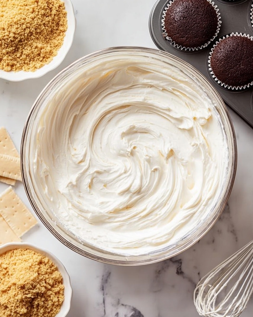 A large clear glass bowl sitting on a white marbled surface filled with smooth, thick, white cream swirled in soft peaks with fine texture. Nearby on the left, there is a small white bowl filled with crushed golden brown crumbs, and rectangular beige crackers rest beside it. In the upper right corner, a dark cupcake tray holds dark brown cupcakes in paper liners. To the right of the glass bowl, a white metal whisk with cream residue is on the white marbled surface. Photo taken with an iphone --ar 4:5 --v 7
