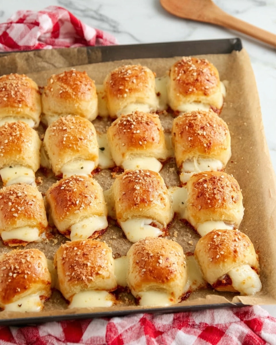 The image shows a baking tray covered with parchment paper, filled with many small, golden-brown baked rolls. Each roll has a smooth, shiny top sprinkled with small seeds and some crumbs, with melted white cheese peeking out at both ends. The rolls are arranged close to each other in neat rows across the tray. The background surface is white marble, and a wooden spoon and a red and white checkered cloth are partially visible at the bottom of the image. photo taken with an iphone --ar 4:5 --v 7