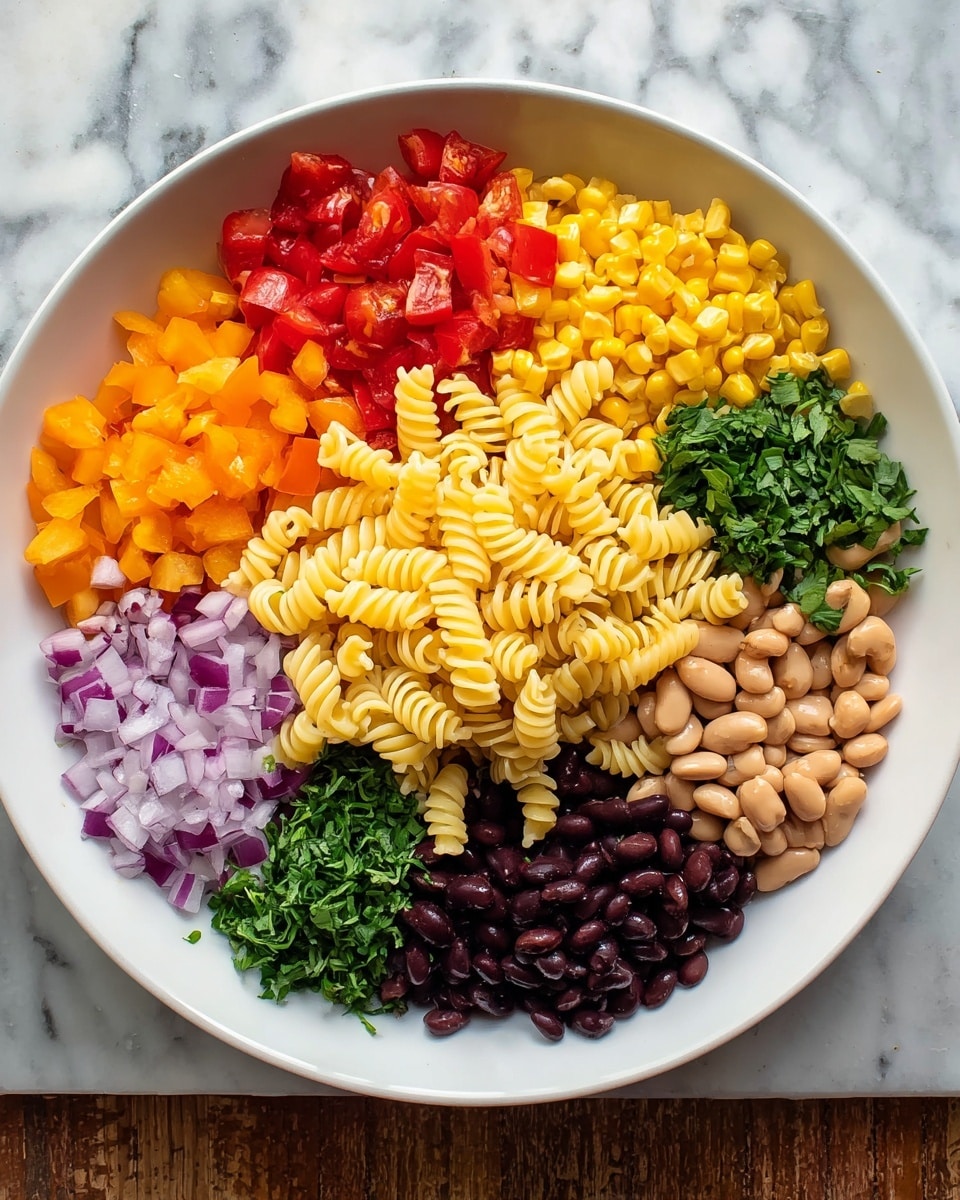 A white bowl is filled with nine distinct layers arranged in a circle. In the center, there is a small pile of light yellow spiral pasta with a smooth texture. Surrounding the pasta, from the top going clockwise, is a section of bright yellow corn kernels, next to them a pile of chopped red tomatoes with a juicy look. Then, there is a group of small cubed red bell peppers, followed by light brown beans with dark eyes. Next is a pile of finely diced yellow bell peppers. Below this, dark black beans are placed, along with finely chopped dark green herbs. Near the bottom left side, there are small pieces of finely chopped purple onions, and finally, orange diced bell peppers complete the circle at the top left. The bowl is placed on a white marbled surface. photo taken with an iphone --ar 4:5 --v 7