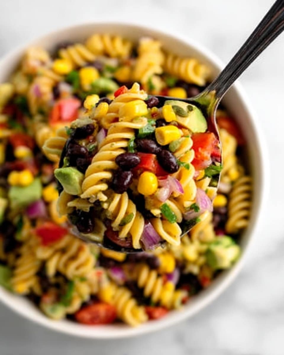 A black spoon holding a colorful mix of pasta salad above a white bowl full of the same salad, placed on a white marbled surface. The pasta is spiral-shaped and yellow, mixed with layers of black beans, corn kernels, diced red onion, red bell pepper pieces, and small green avocado chunks, creating a vibrant and textured look. The mix is fresh and varied with visible small seeds and vegetable pieces throughout. photo taken with an iphone --ar 4:5 --v 7