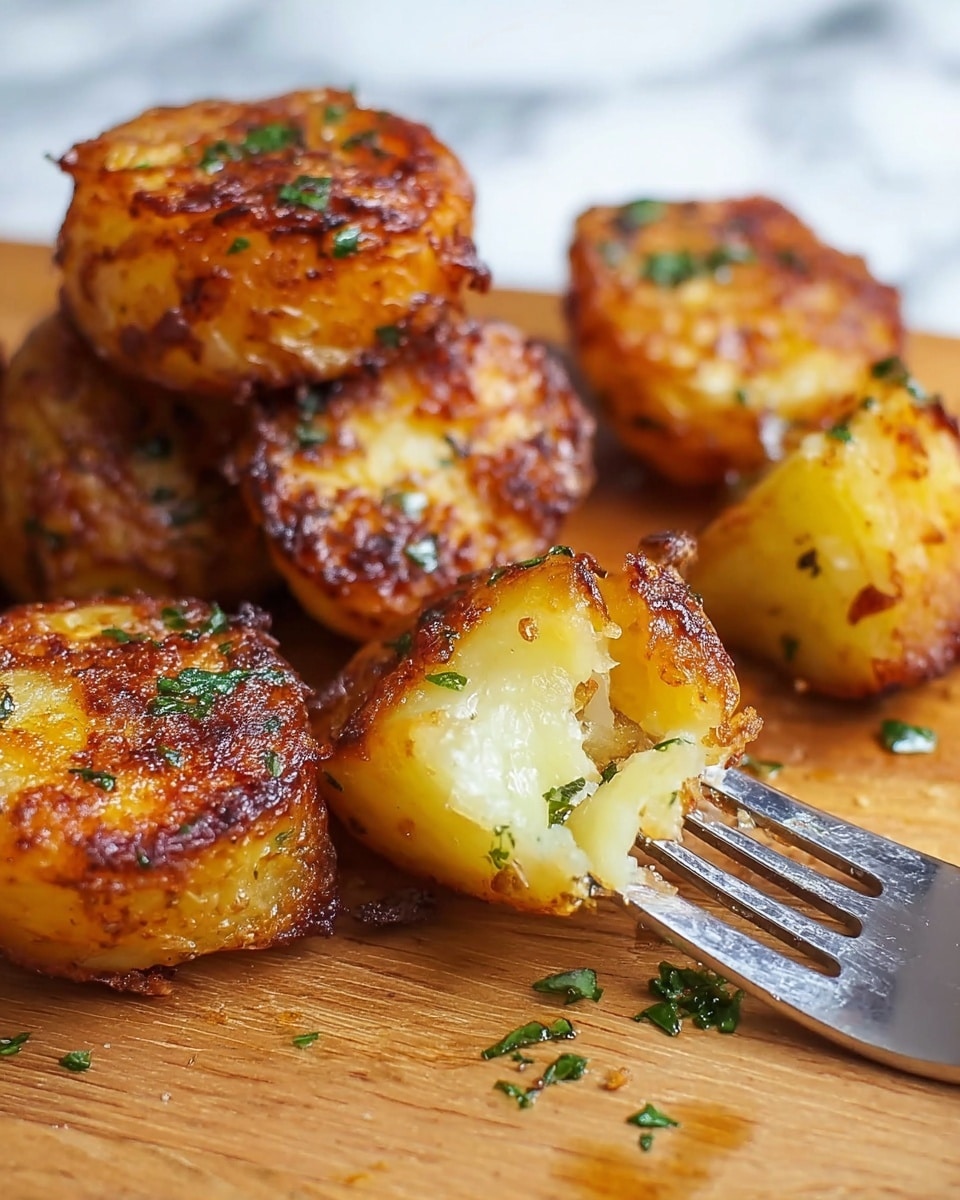 The image shows several pieces of crispy roasted potatoes with a golden brown and slightly charred outer layer, revealing a soft and fluffy pale yellow inside with small green herb bits. The potatoes are stacked in loose clusters on a warm wooden surface. A shiny silver fork is placed near the potatoes on the right side, touching a piece. Small pieces of green herbs are sprinkled over and around the potatoes. The background features a white marbled texture. photo taken with an iphone --ar 4:5 --v 7