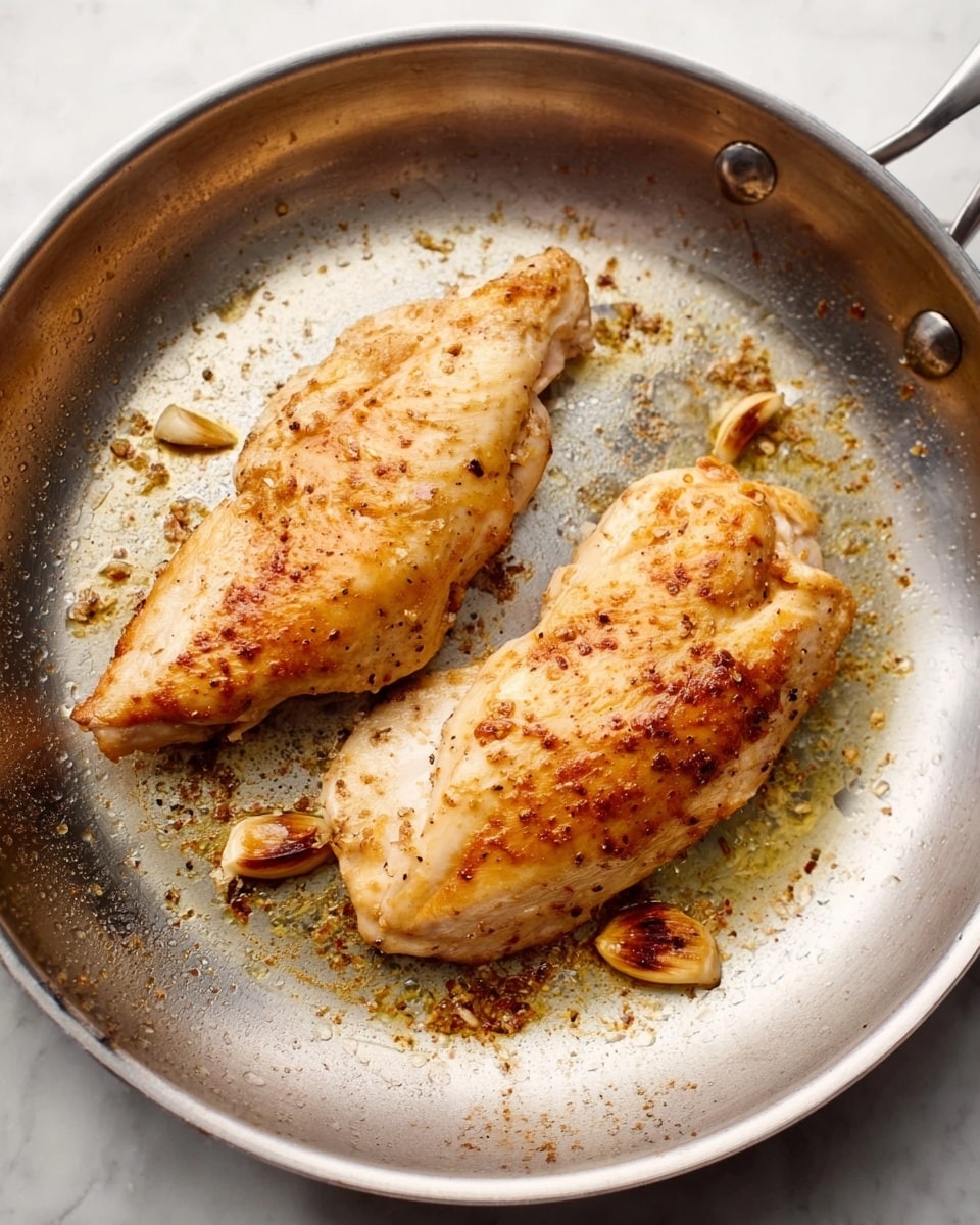 The image shows two cooked chicken pieces with a golden-brown color, sitting in a shiny silver pan. There are small cooked garlic slices and brown bits around the chicken, showing some seasoning and slight crispiness on the surface. The pan has a soft texture with some light reflections from the cooked oil and heat. The background is a white marbled texture. photo taken with an iphone --ar 4:5 --v 7