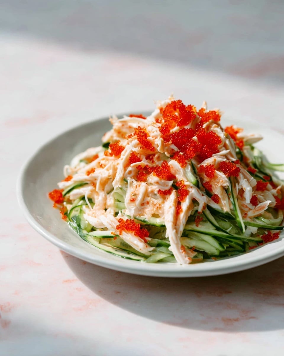 A white plate holds a layered dish with two main layers. The bottom layer is thin strips of green cucumber that look fresh and crunchy, loosely spread across the base. On top, there is a thicker layer of white and orange mixed crab or seafood sticks, shredded into small pieces with a creamy texture. Scattered cheerfully over the top are small, shiny, bright red-orange fish roe, adding bursts of color and texture. The dish sits on a white marbled surface with soft lighting showing subtle shadows, giving a clean and fresh look. photo taken with an iphone --ar 4:5 --v 7