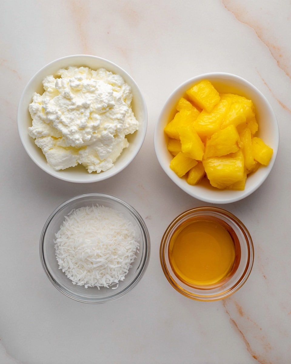 Four small white bowls are arranged on a white marbled surface. The top left bowl holds a thick layer of white, creamy cottage cheese with a lumpy texture. To the right, another bowl is filled with bright yellow pineapple chunks with a juicy and slightly fibrous look. Below on the left side, there is a small clear glass bowl containing a fine pile of white shredded coconut. On the right side, the last bowl contains a smooth layer of golden honey, reflecting light softly. photo taken with an iphone --ar 4:5 --v 7