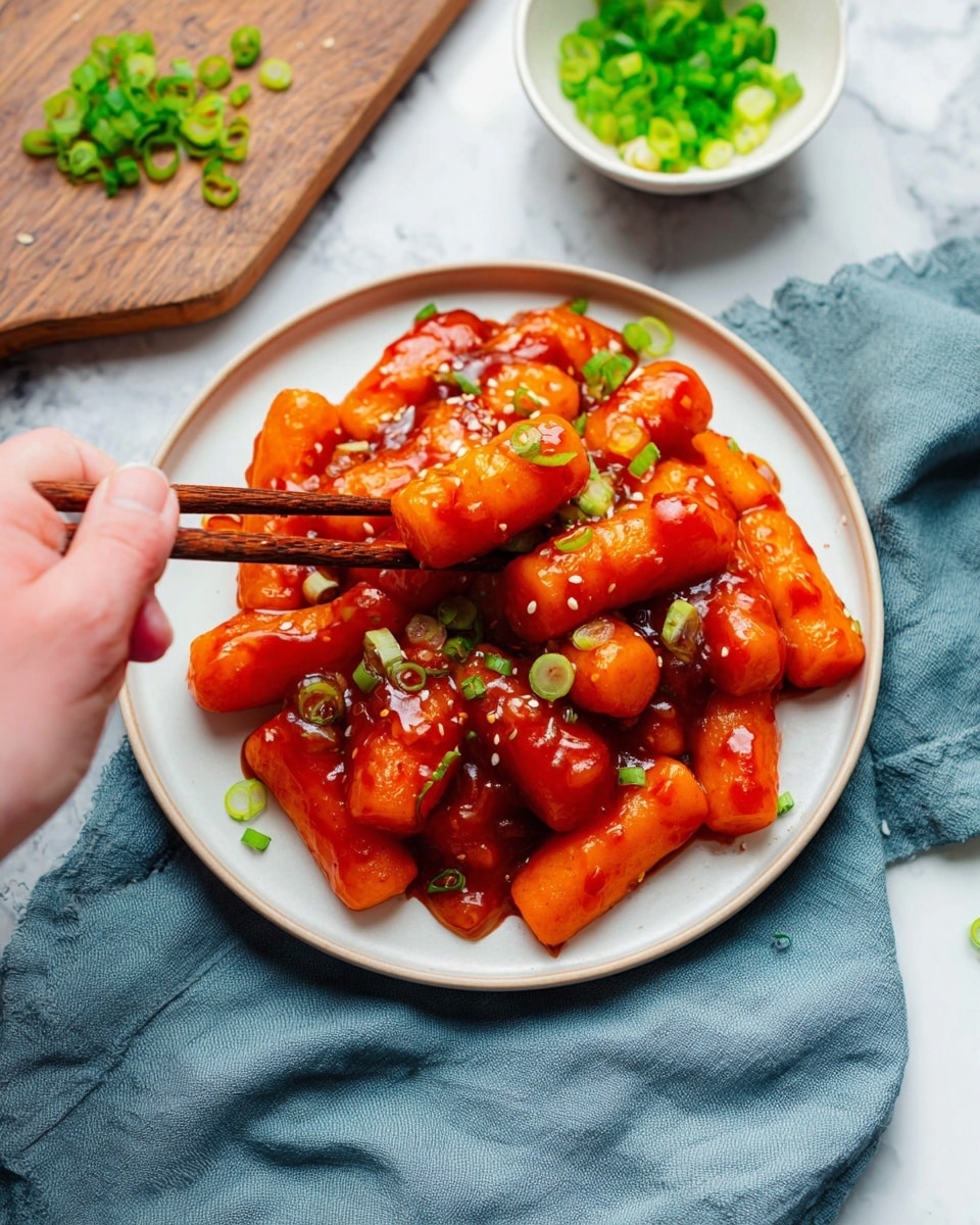 In the image, there is a white plate filled with bright orange rice cakes covered in a shiny, thick red sauce. The plate is resting on a soft blue cloth on a white marbled surface. On top of the rice cakes, small pieces of chopped green onions are scattered, adding a fresh green color. A woman's hand holds a wooden chopstick, picking up one of the rice cakes, while more chopped green onions are in a white bowl and a rustic wooden board behind the plate. The scene looks bright and clean, showing the textures of the sauce and rice cakes clearly. photo taken with an iphone --ar 4:5 --v 7