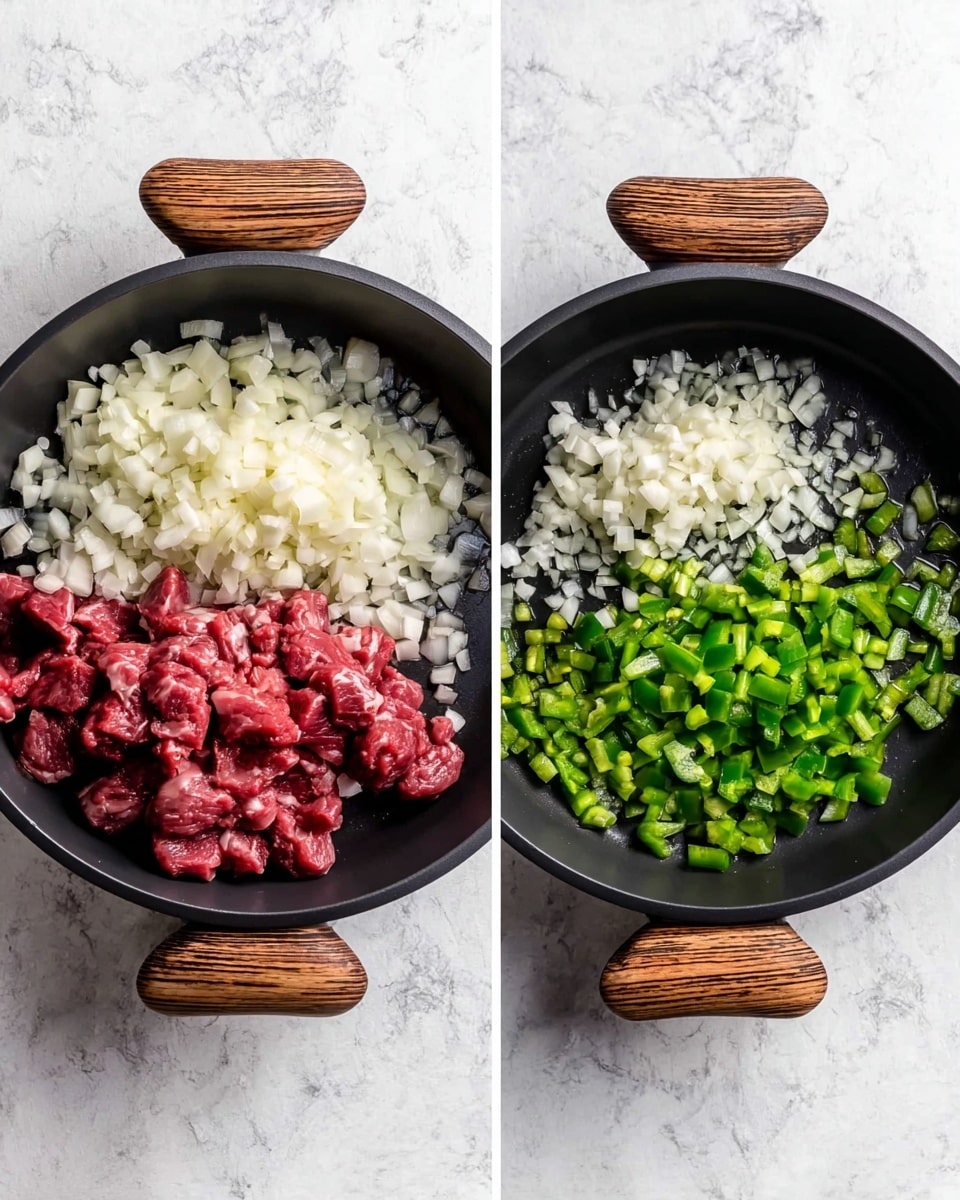 The image shows two black pans with wooden handles placed on a white marbled surface. The first pan contains a single layer of finely chopped white onions with a slight shine, evenly spread. The second pan has three distinct layers: on the left, finely chopped white onions; in the middle, raw red meat chunks; and on the right, bright green chopped peppers, each layer clearly separated and covering one-third of the pan's surface. Photo taken with an iphone --ar 4:5 --v 7