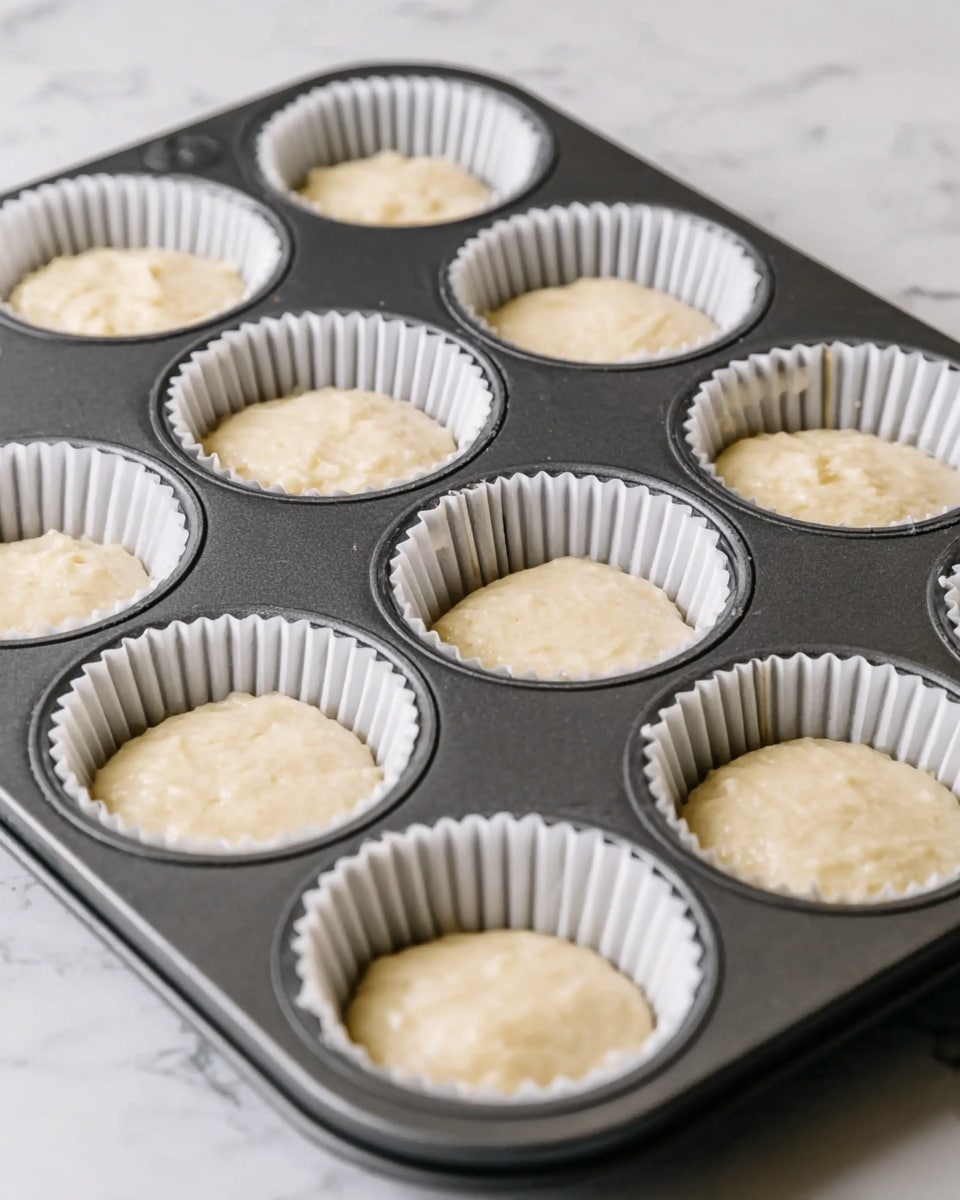 A dark gray metal muffin tray with twelve round sections is shown filled with white paper liners. Each liner contains a pale beige batter with a smooth, slightly lumpy texture, filling about half of the liner's height. The tray sits on a white marbled surface, creating a clean and bright setting. The batter looks ready to bake, and the image captures a close-up view of the top of the tray with visible batter details. photo taken with an iphone --ar 4:5 --v 7