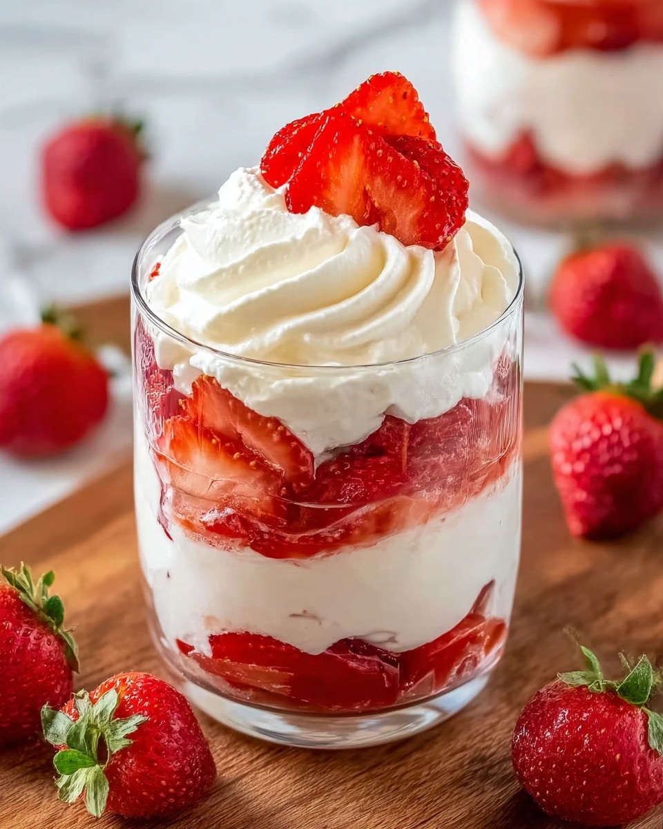 The image shows a clear glass filled with three visible layers: at the bottom is a layer of bright red sliced strawberries with a juicy texture, followed by a thick layer of soft white cream, then another layer of sliced strawberries with visible juice, topped with a generous swirl of smooth white cream. The dessert is decorated with a large fresh strawberry slice placed upright in the center on top of the cream. The glass sits on a wooden surface with fresh whole strawberries around it and a white marbled background. Photo taken with an iphone --ar 4:5 --v 7