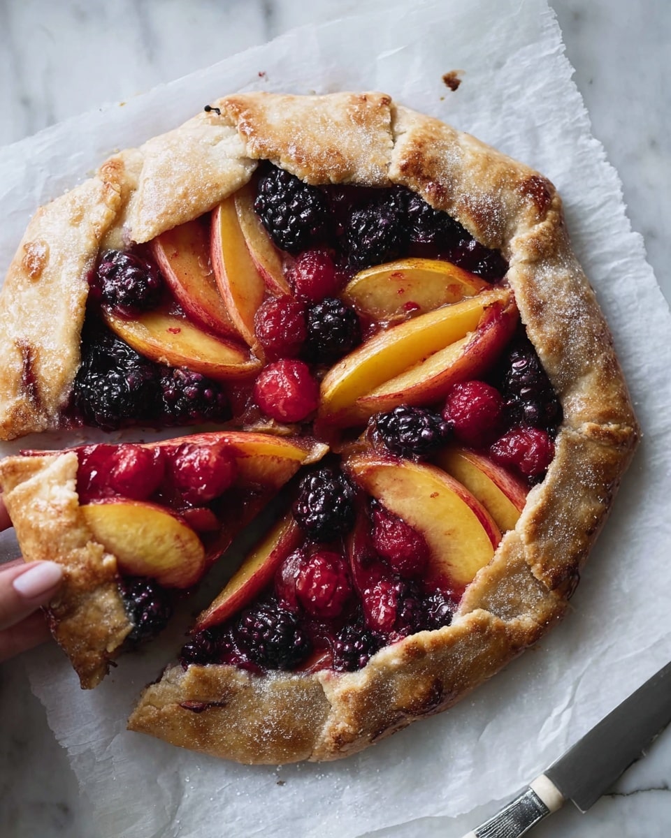 A round fruit galette with one visible layer, featuring a golden-brown crust that is thick and folded slightly over the edge of the filling. The filling shows a mix of vibrant red raspberries, dark blackberries, red strawberries, and bright orange peach slices, all with a soft, slightly juicy texture. The galette rests on white parchment paper with some juice leaking at the edges, placed on a smooth gray surface. Above the galette, part of a white plate is visible, holding a creamy white sauce or yogurt with a smooth, thick texture. Photo taken with an iphone --ar 4:5 --v 7