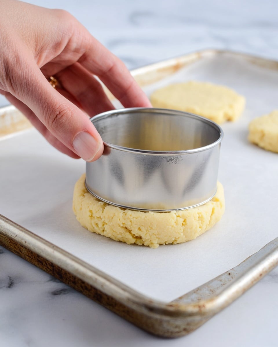 A close-up shot shows a woman's hand holding a round metal cookie cutter pressed down on a thick, pale yellow cookie dough base. The dough is textured and soft, resting on a white parchment paper that lines a silver metal baking tray showing some light wear and rust spots. In the background, there are two more uncut pale dough pieces on the same baking tray, slightly blurred. The whole setup sits on a surface with a white marbled texture. photo taken with an iphone --ar 4:5 --v 7