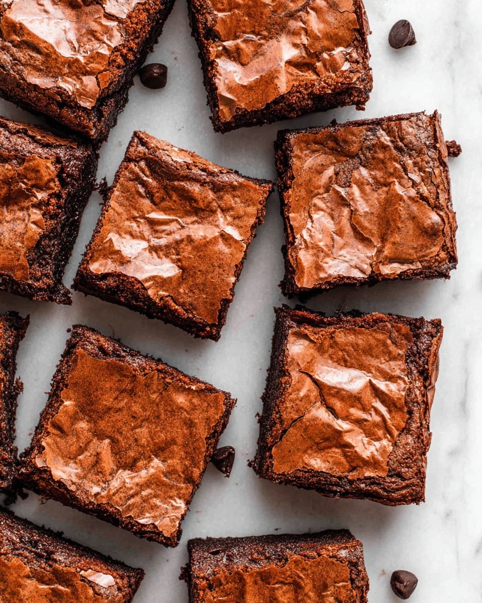 The image shows a group of twelve square brownies arranged closely together on a white marbled surface. Each brownie has one thick dark brown layer with a slightly cracked and shiny top in a lighter brown color. The texture on top looks crinkled and dry, while the inside appears soft and dense. A few small chocolate chips are scattered around the bottom edge of the brownies. The lighting highlights the contrast between the shiny top and the rich brown base of each square photo taken with an iphone --ar 4:5 --v 7