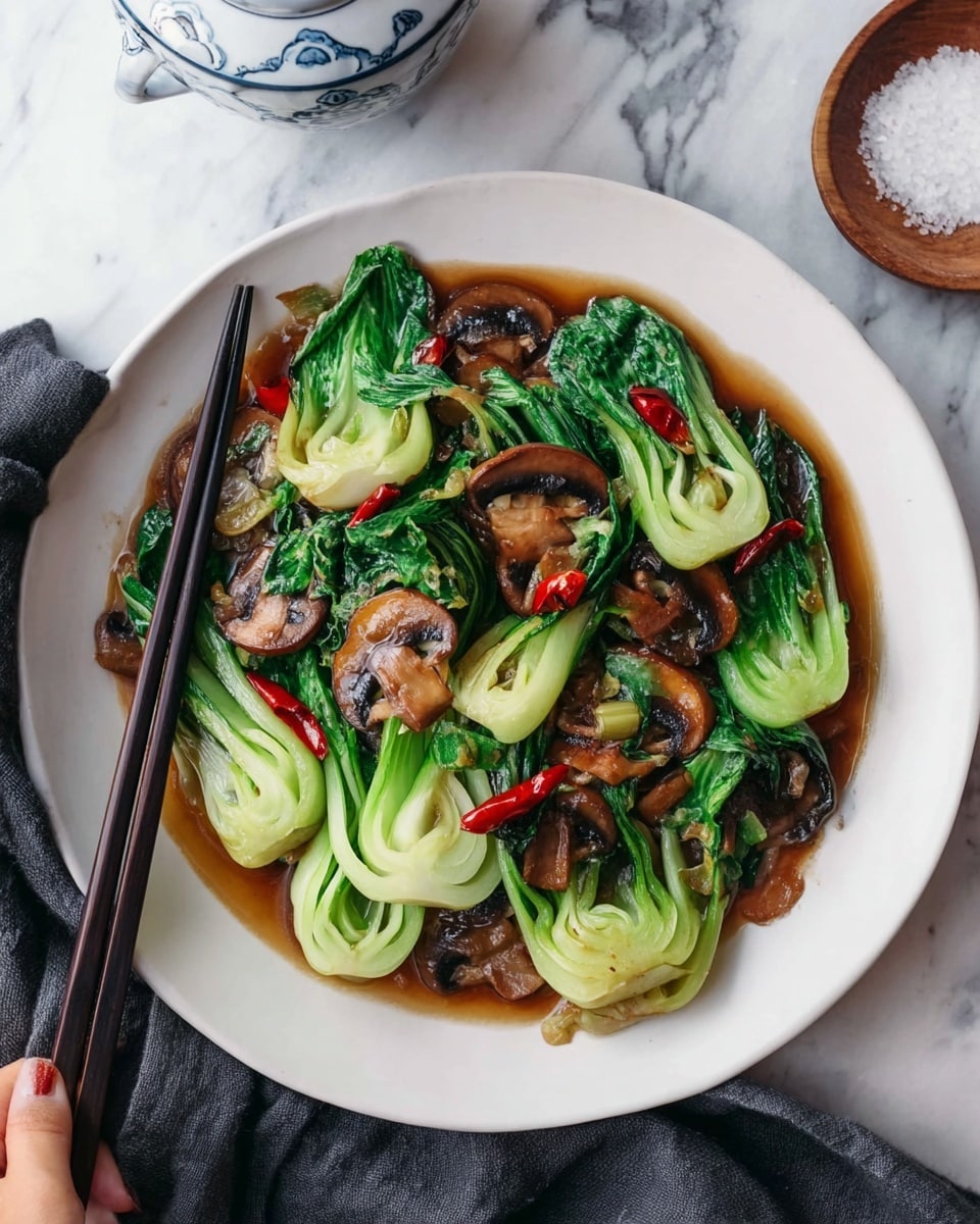 A white round plate holds a dish with two main layers. The first layer is a sauce with a shiny brown color that spreads evenly across the plate's base. On top, there are bright green baby bok choy pieces, some with stems facing outward and leafy tops curling around the edges. Interspersed among the bok choy are sliced brown mushrooms, soft and slightly glossy from cooking, with their rounded tops and gills visible. Small, whole red dried chilies add a pop of color, scattered lightly across the vegetables. Black chopsticks rest on the left side of the plate, and part of a woman's hand is visible in the bottom left corner, holding a dark gray fabric napkin. The background is a white marbled surface with a small white container with blue patterns and a small wooden bowl of coarse salt nearby. Photo taken with an iphone --ar 4:5 --v 7