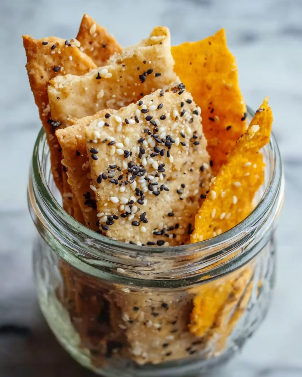 The image shows a clear glass jar filled with several crispy, thin crackers. The crackers have different textures and colors: some are light beige with white sesame seeds, others are slightly darker with a mix of black and white sesame seeds, and one cracker is bright yellow-orange with a smooth texture. The jar sits on a white marbled surface, and the crackers are stacked vertically inside, showing a mix of rough and smooth crisp textures. Photo taken with an iphone --ar 4:5 --v 7