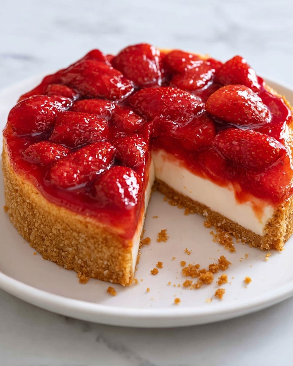 A small round cheesecake with three clear layers sitting on a clear glass plate on a white marbled surface. The bottom layer is a light brown crumb crust with a rough texture. The middle layer is thick, creamy, and pale yellow, smooth in texture. The top layer is a shiny bright red strawberry glaze, covered with small, fresh, chopped strawberries showing their red and lighter inner flesh. Around the plate on the surface are broken pieces of light brown biscuits and blurred whole strawberries in the background, with a white ceramic jug nearby. Photo taken with an iphone --ar 4:5 --v 7