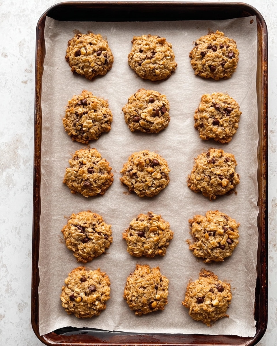 This image shows a baking tray with a sheet of parchment paper holding 15 oatmeal cookies arranged in three columns and five rows. Each cookie is round and uneven, with a golden-brown color and a rough texture from visible oats and small pieces of nuts and chocolate chips spread throughout. The cookies look slightly crispy on the edges but soft in the middle. The tray has a dark metal rim, and the background surface is a white marbled texture. photo taken with an iphone --ar 4:5 --v 7