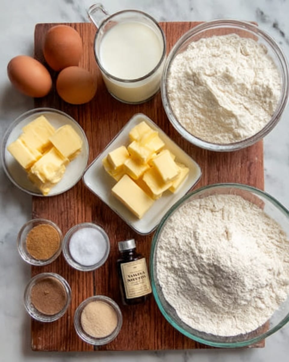 The image shows a wooden surface with baking ingredients arranged neatly. There are two brown eggs on the left side, a glass cup filled with white milk just above them, and beside that a large glass bowl filled with white flour. A square glass bowl contains several chunks of yellow butter, with some butter cubes on a small white plate next to it. Below the butter bowls, there is a small dark glass bottle labeled vanilla, and next to it are three small round bowls holding white salt, white sugar, and light brown sugar respectively. In the foreground, there is a large clear glass bowl filled with more white flour. The whole setup has a warm and inviting baking feel, all arranged on a white marbled surface. photo taken with an iphone --ar 4:5 --v 7