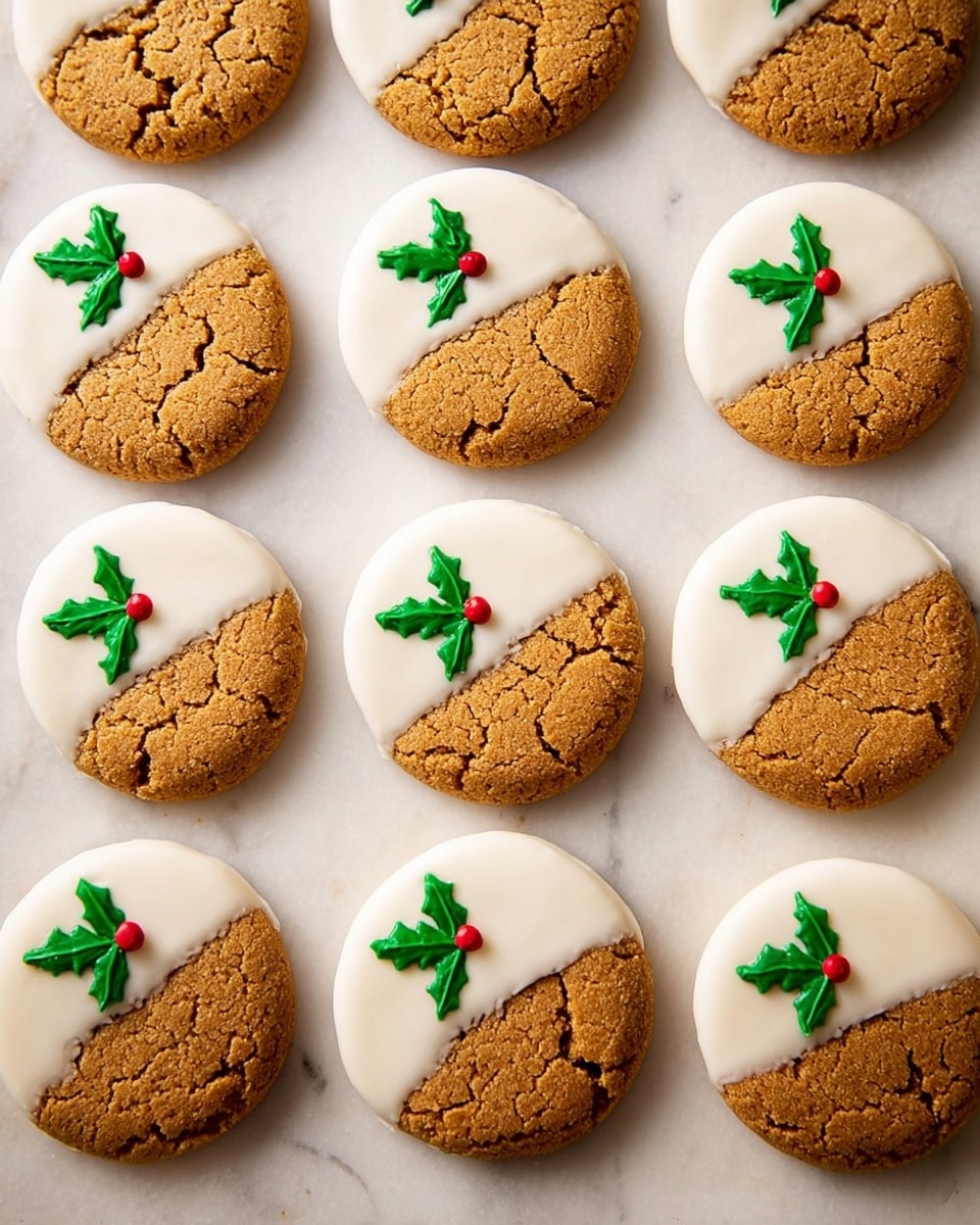 This image shows fourteen round cookies arranged neatly in rows on a white marbled surface. Each cookie is half dipped in smooth white icing on the top right side, while the other half shows a rough, golden-brown cookie texture. On the iced white half, there is a small green decoration shaped like holly leaves with three red dots representing berries. The cookies are uniform in size and shape and appear soft with some cracks on the cookie side. The photo taken with an iphone --ar 4:5 --v 7
