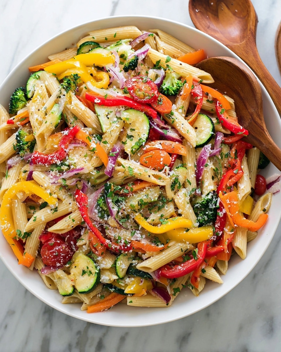 The image shows three white bowls filled with colorful penne pasta mixed with various sautéed vegetables. Each bowl contains light beige penne pasta, bright green broccoli florets, bright red bell pepper strips, yellow squash slices, orange carrot sticks, and purple onion slices, all mixed evenly. The dish is topped with small shreds of white cheese and sprinkled green herbs. A silver fork rests inside the bowl closest to the front, sitting on a striped gray and white cloth. The bowls are placed on a white marbled surface with scattered green herb leaves around. photo taken with an iphone --ar 4:5 --v 7