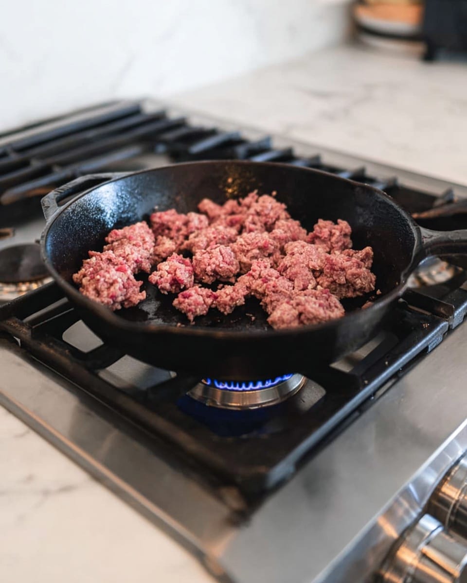 A black cast iron pan sits on a gas stove with small chunks of ground meat cooking. The meat looks partly pink and partly browned, showing it is in the early stage of cooking. The stove knobs below the pan are metallic with one knob lit up blue, indicating the burner is on. The stove surface has a white marbled texture. photo taken with an iphone --ar 4:5 --v 7