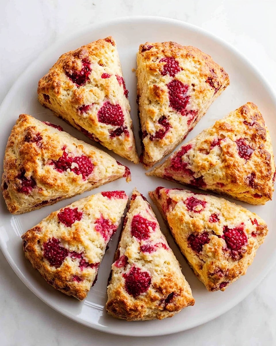 A white round plate holds eight triangular scones arranged in a circle. Each scone has a golden-brown crust with rough texture and is studded with bright red raspberry pieces. The raspberries appear both on top and inside the scones, adding pops of color against the light, flaky dough. The plate sits on a white marbled surface. photo taken with an iphone --ar 4:5 --v 7