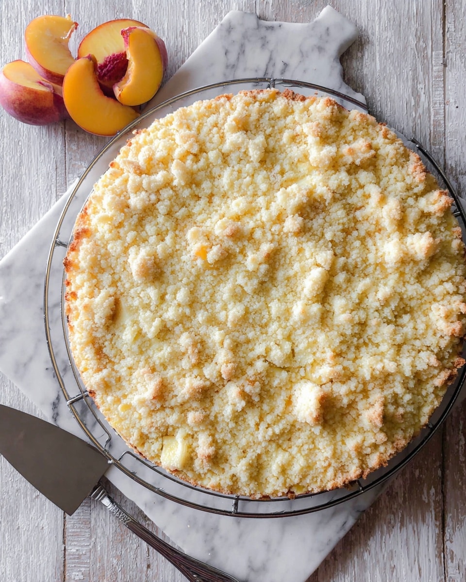 A round crumb cake with a light golden top layer full of crumbly texture sits on a round cooling rack over a white marbled surface. The cake has one visible thick layer of pale yellow crumb topping with small, soft chunks that look uneven but fresh. To the left of the cake, there are three peach slices showing their yellow skin and pinkish inner flesh. A silver cake server rests close to the cake on the white marbled surface. photo taken with an iphone --ar 4:5 --v 7