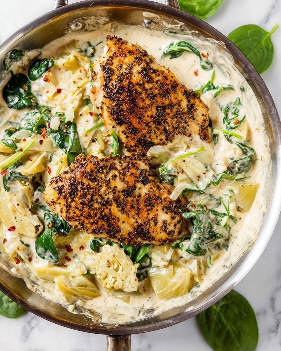 The image shows a silver pan with two grilled chicken pieces on top, each piece with a crispy brown and black herb-spiced crust. Under and around the chicken is a thick creamy white sauce mixed with light yellow artichoke pieces and fresh dark green spinach leaves. The sauce looks rich and smooth, with small red chili flakes sprinkled on top. The pan sits on a white marbled texture with some spinach leaves scattered nearby. photo taken with an iphone --ar 4:5 --v 7