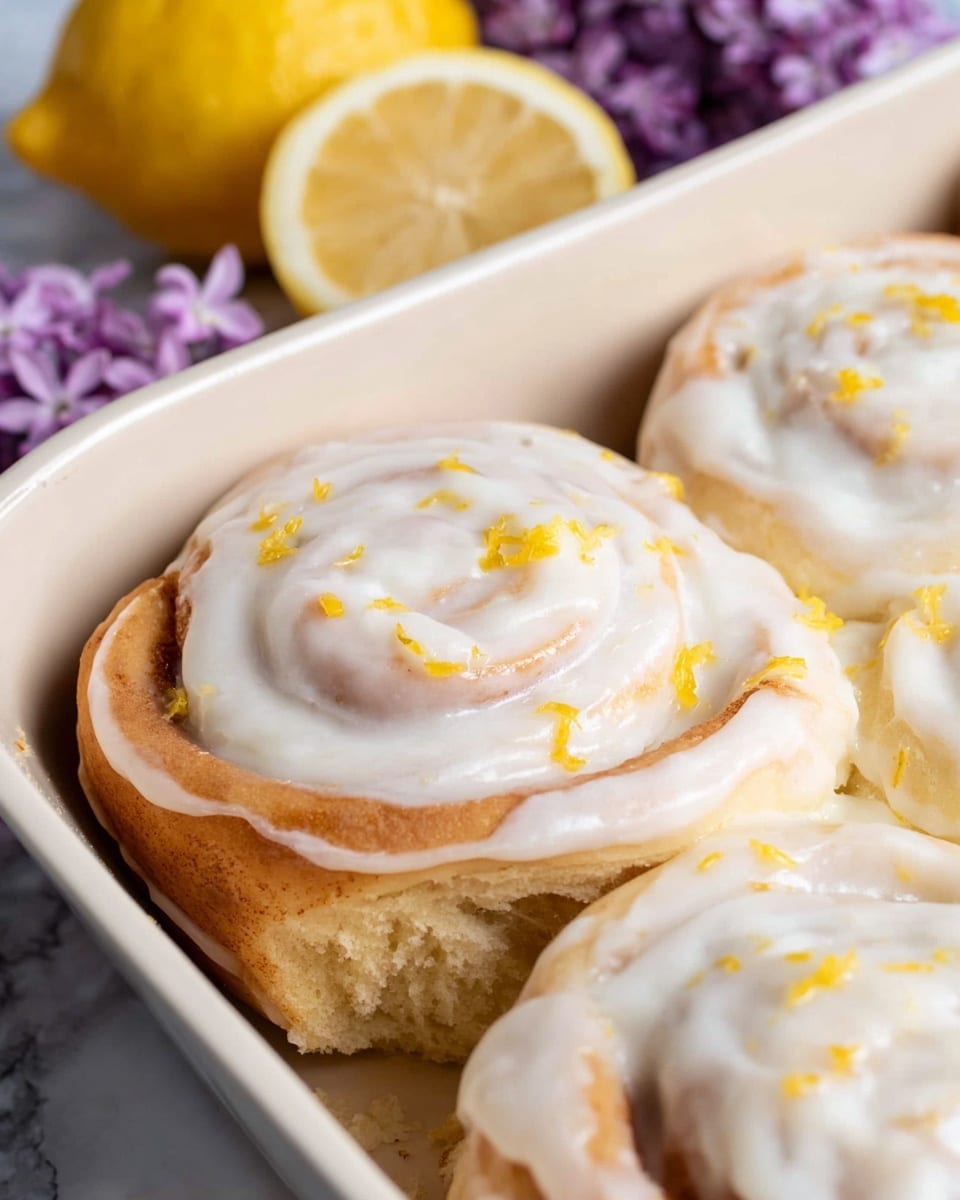 A white rectangular baking dish contains twelve cinnamon rolls arranged in a 3 by 4 grid. Each roll has a golden-brown base with a creamy white frosting spread in a spiral pattern, topped with small bits of lemon zest. Two lemon slices are placed on top of the rolls near the center and bottom of the dish. Around the baking dish on a wooden surface, there are whole lemons, lemon halves, and light pink flowers scattered decoratively. The whole scene is set on a white marbled textured surface. photo taken with an iphone --ar 4:5 --v 7