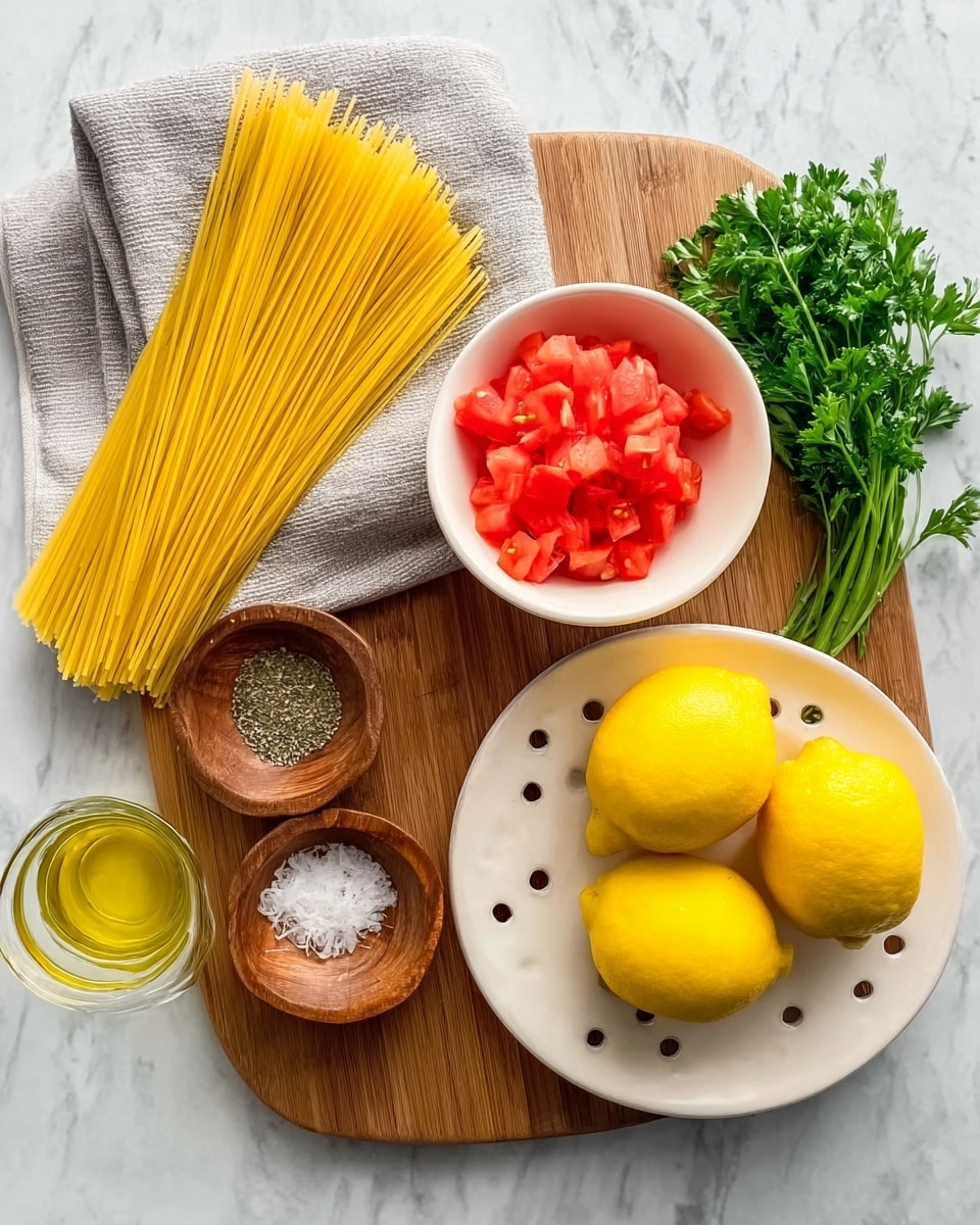 The image shows a wooden board on a white marbled surface with several cooking ingredients arranged neatly. On the left side, uncooked yellow spaghetti is partially wrapped in a gray cloth. In the center near the top, there is a white bowl filled with small red tomato cubes. Below that, a small wooden bowl holds a mix of salt and black pepper. To the bottom left, a clear glass cup contains a golden-colored liquid, likely oil. On the right side of the board, a white round plate with holes around the edge holds four yellow lemons. Next to the plate, on the upper right corner, is a small bunch of green parsley. Photo taken with an iphone --ar 4:5 --v 7