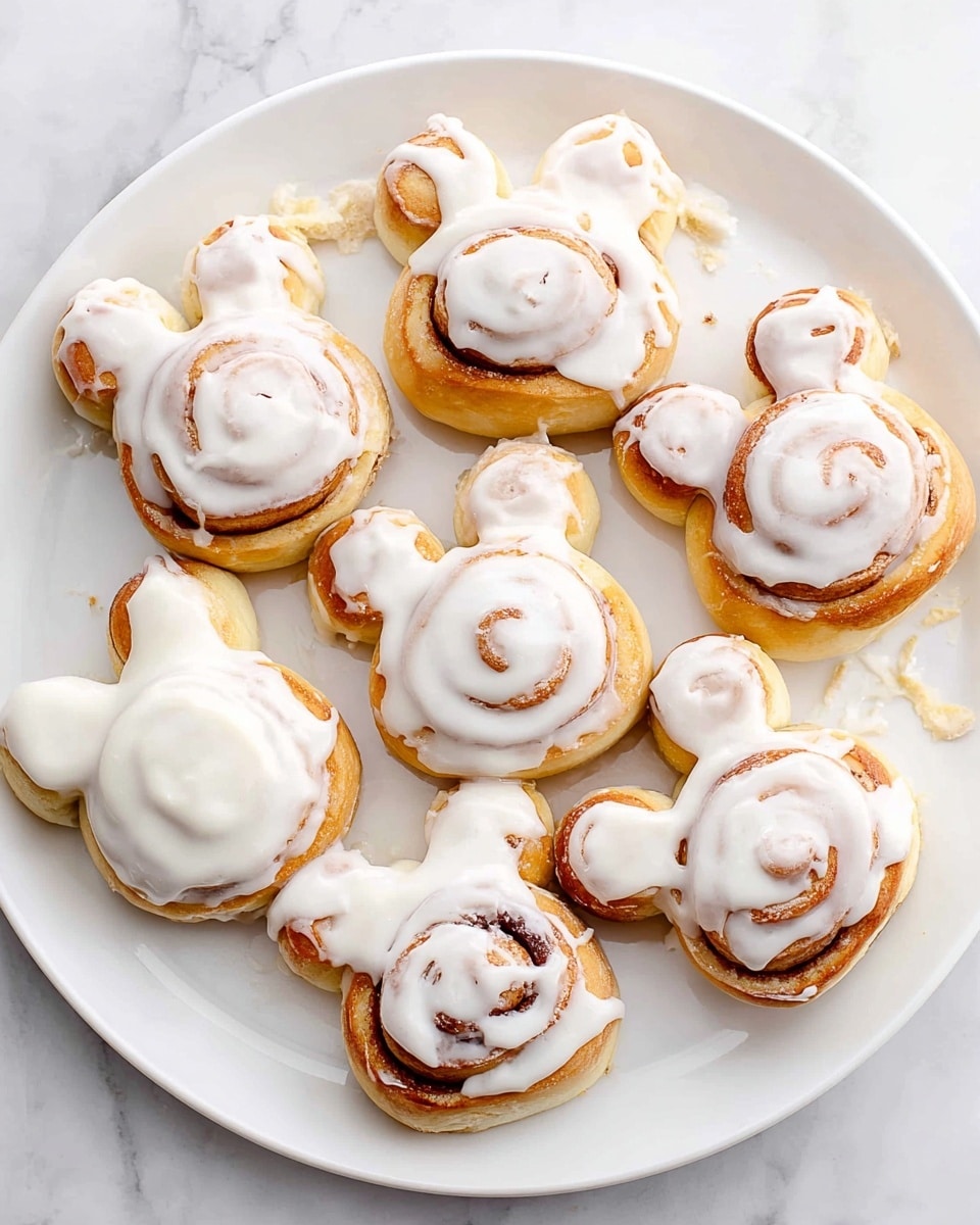 A white plate holds nine cinnamon rolls shaped like Mickey Mouse heads. Each roll has a light golden brown base with a visible spiral pattern in the dough. The rolls are topped with a thick layer of white icing that covers most of the surface, with some icing dripping slightly onto the plate. The plate is placed on a white marbled surface. photo taken with an iphone --ar 4:5 --v 7