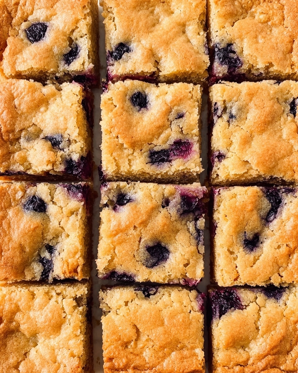 The image shows several square-shaped bars with a golden brown crust on top and bottom, featuring a visible layer of dark purple berries inside. The texture looks soft and crumbly, with some uneven cracks on the top layer. The bars are placed on a white marbled surface, with two pieces stacked slightly on top of each other in the foreground and more pieces arranged on a white plate in the background. Small white chips are scattered nearby, adding contrast to the scene. photo taken with an iphone --ar 4:5 --v 7