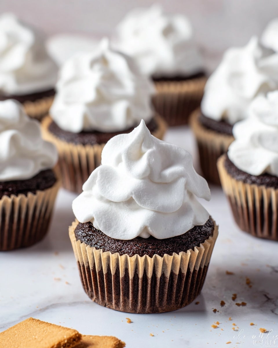 The image shows several chocolate cupcakes with one main cupcake in the center. Each cupcake has two layers: the bottom dark brown chocolate cake with a crinkled paper liner in natural beige and the top layer of fluffy, snowy white whipped topping shaped with soft peaks and smooth texture. The cupcakes are arranged on a white marbled surface, with a piece of broken light brown crumbly wafer near the front. The background is softly blurred, focusing on the front cupcake. Photo taken with an iphone --ar 4:5 --v 7