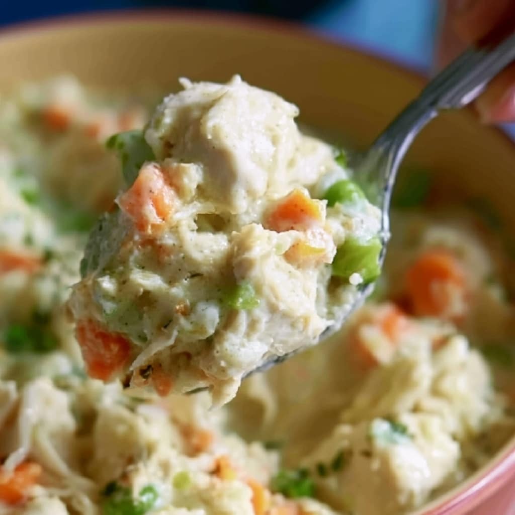 The image shows a close-up of a creamy chicken and vegetable dish held by a woman's hand with a spoon. The dish has chunks of white chicken mixed with small pieces of orange carrots and green peas, all coated in a thick, light cream-colored sauce. The textures are soft and slightly chunky, with the vegetables adding small pops of color throughout. The background is a white marbled surface, enhancing the light and creamy look of the food. Photo taken with an iphone --ar 4:5 --v 7